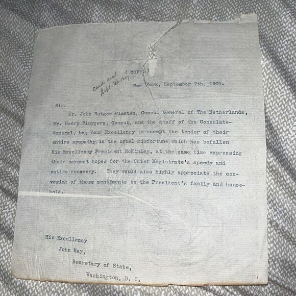 Antique Consul General Of the Netherlands Letter President McKinley Shooting - Picture 1 of 3